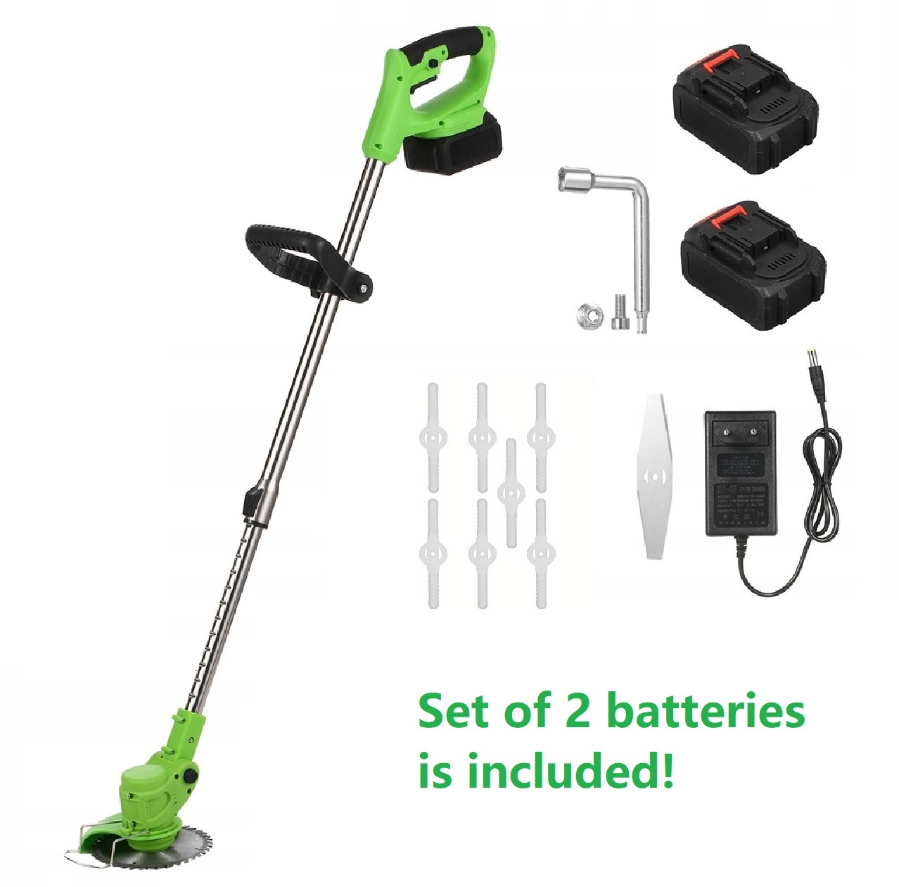 Cordless grass trimmer with two batteries